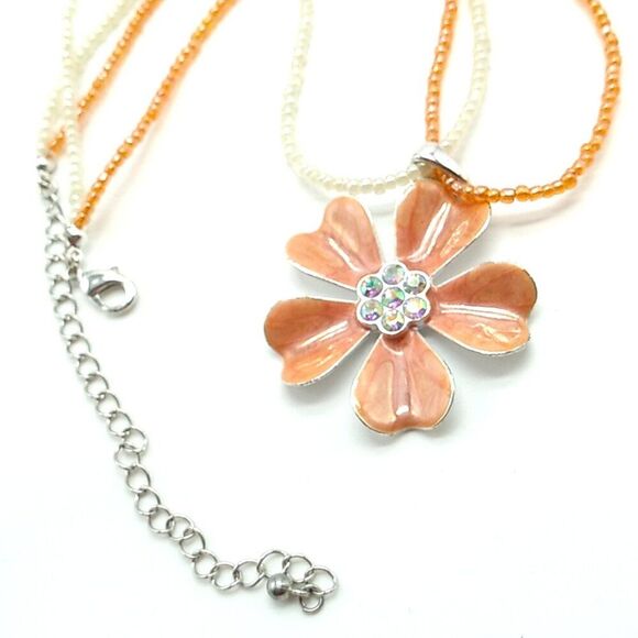 Kenneth Cole Flower Necklace Crystal & Enamel Swirl Pendant Beaded Chain - Picture 10 of 11